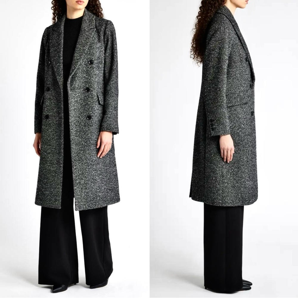 NWT BCBGMAXAZRIA Double Breasted‎ Tweed Coat Black White Size XL Slim fit Trench
